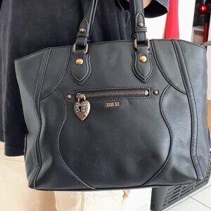 Anna Sui Black Leather Satchel Tote Hand Bag with Locket